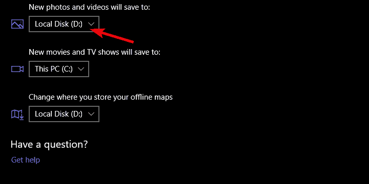 la aplicación de la cámara de Windows 10 cambia la ubicación de guardado