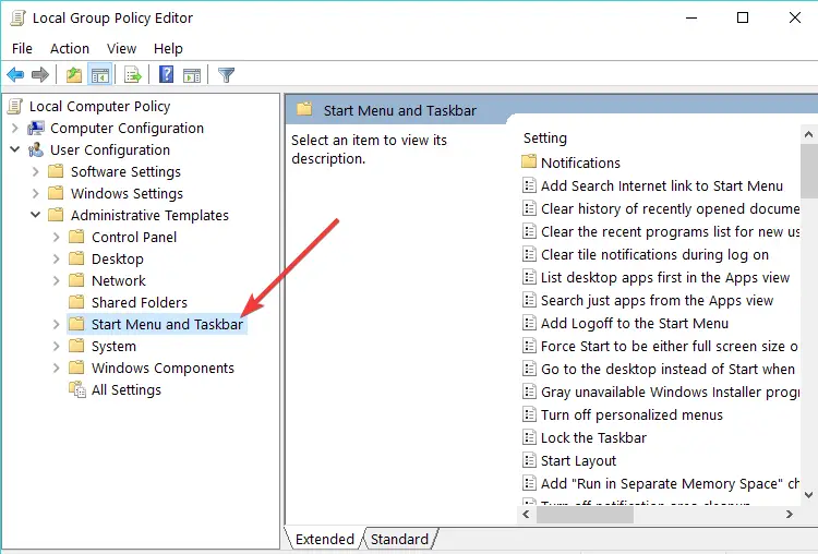 Configuración de la política de grupo de Windows 10 de la barra de tareas del menú de inicio