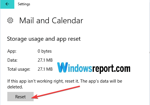 restablecer la aplicación de calendario de correo de Windows 10