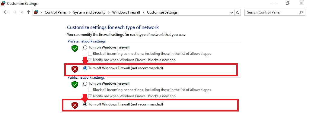 apague el firewall de Windows Hubo un problema al conectarse a Adobe en línea