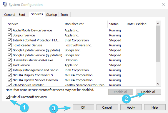 configuración del sistema deshabilitar los servicios que no son de Microsoft