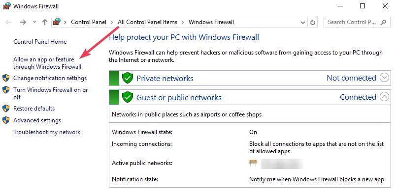 Permitir la característica de la aplicación Firewall de Windows