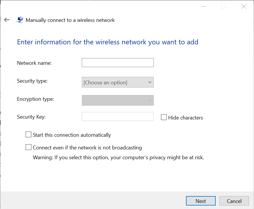 ingrese la información para la red inalámbrica Windows no puede encontrar el certificado