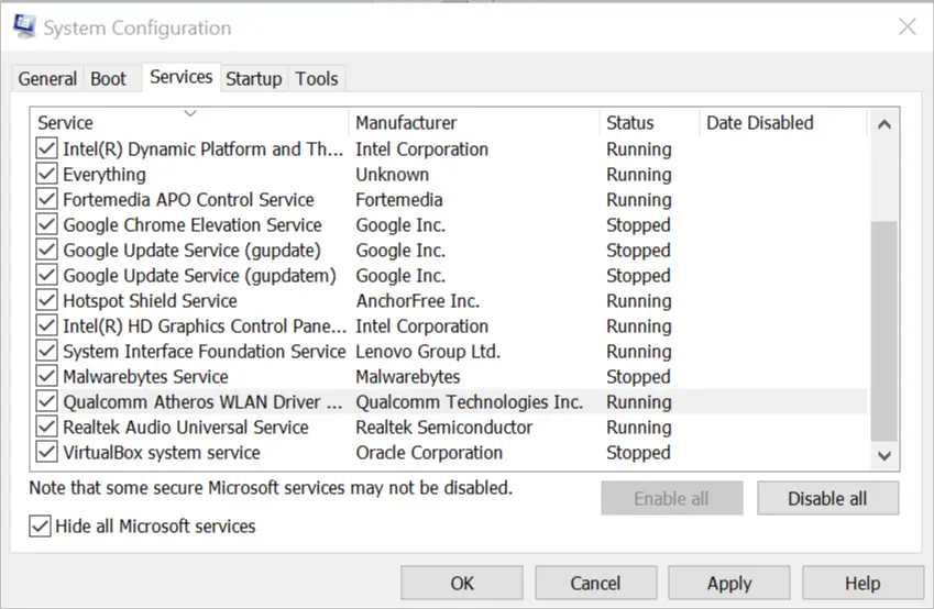 Configuración del sistema - Deshabilitar - Habilitar service1s