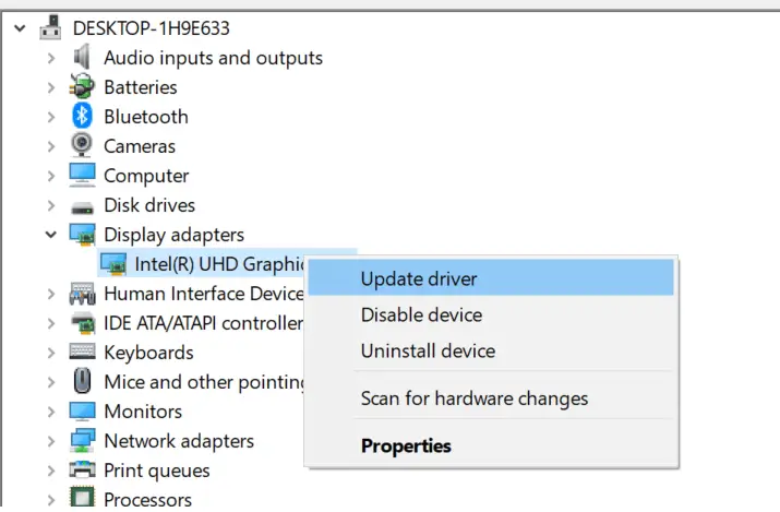 Error fatal al actualizar el controlador del adaptador de pantalla gráfica Intel UHD