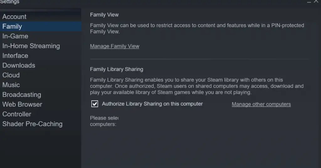 Steam - Configuración - Familia - Administrador Otro ordenador