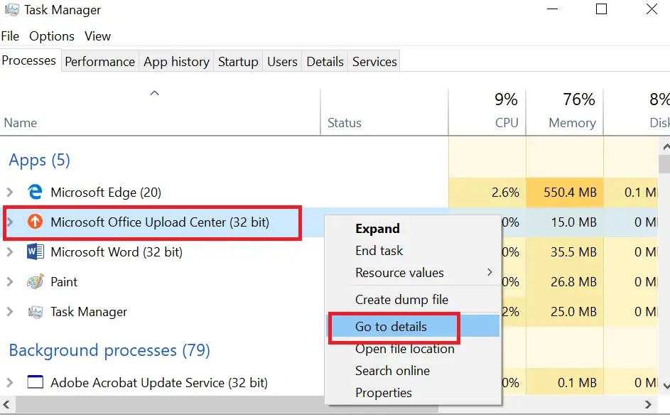 Centro de carga de Microsoft - Proceso - Administrador de tareas Se produjo un error al acceder a la caché de documentos de Office 