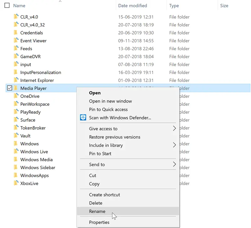 Cambie el nombre de la carpeta del reproductor multimedia si Windows Media Player no puede eliminar un archivo del dispositivo