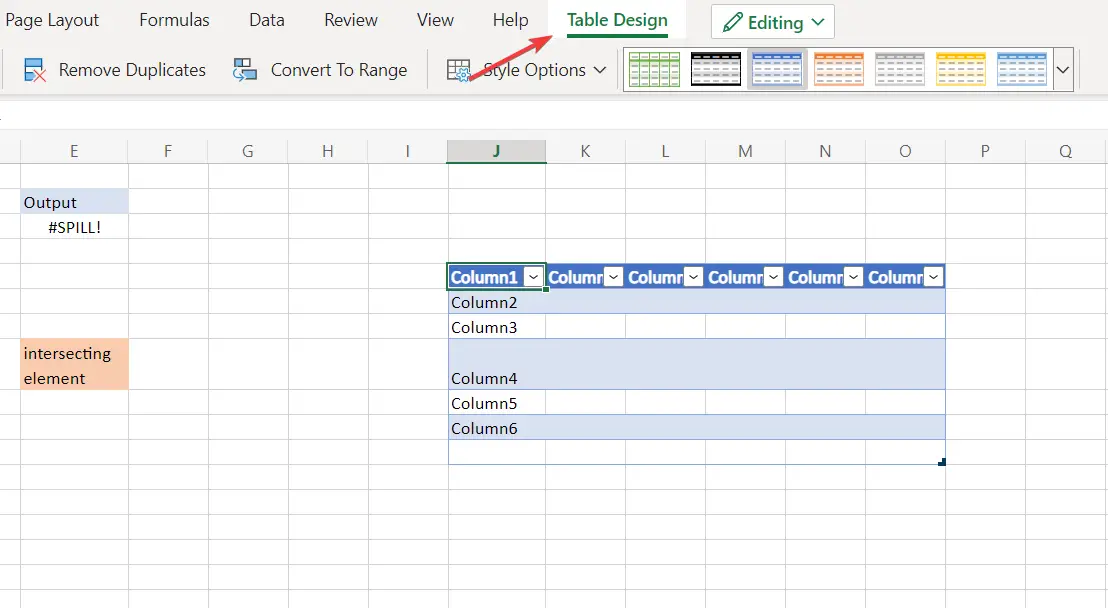 error de derrame de Excel de diseño de tabla