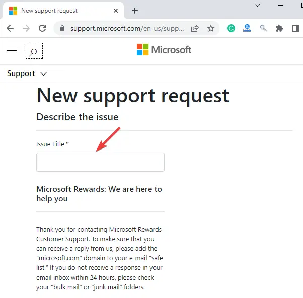 Ingrese el título del problema en la página de soporte de Microsoft Rewards