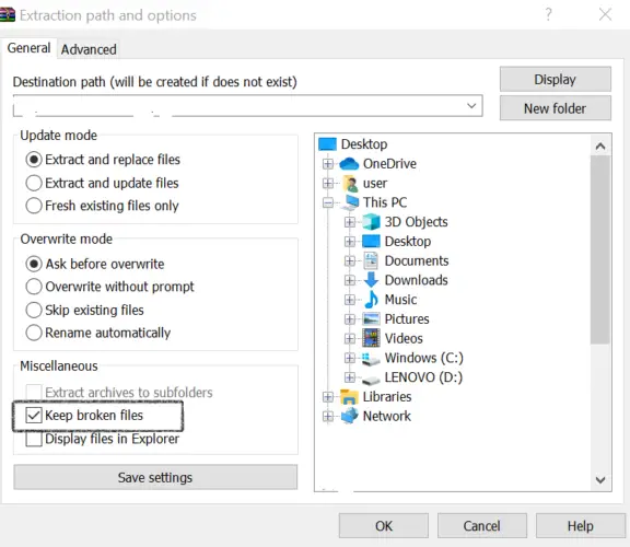 Winrar mantiene la configuración de archivos rotos