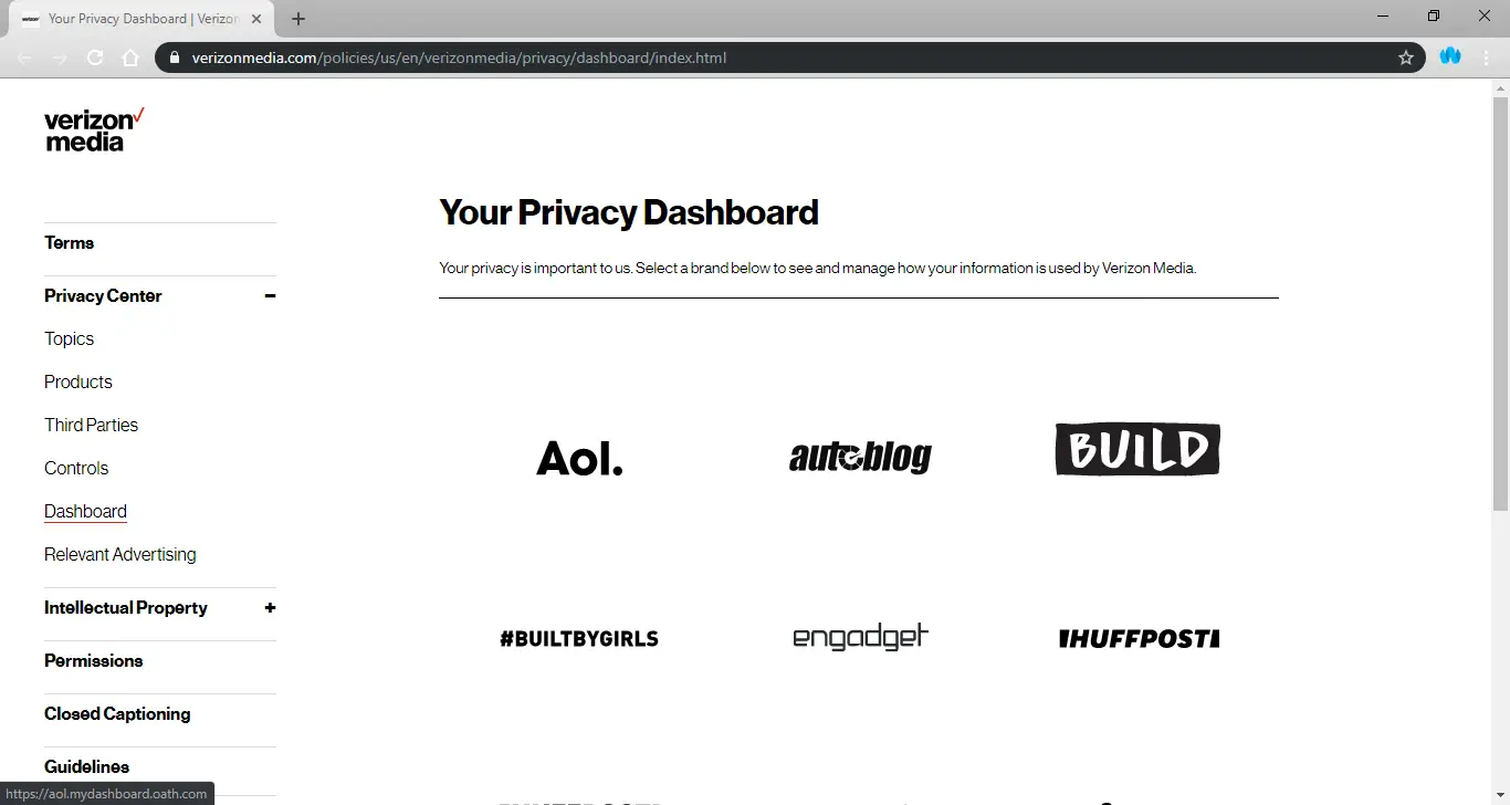 Página del panel de privacidad