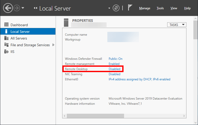Haga clic en Deshabilitar el servidor local Windows Server cómo habilitar el escritorio remoto