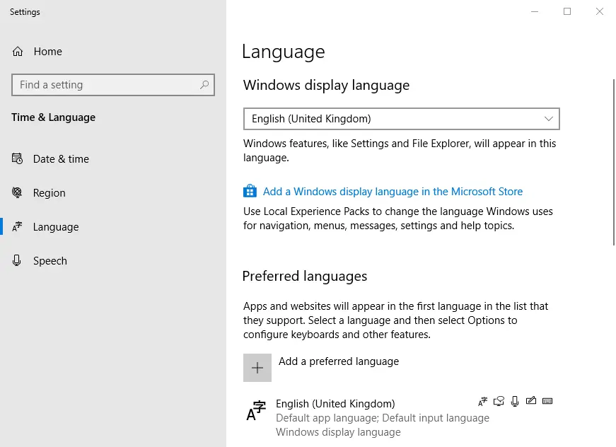 Pestaña Idioma en Configuración paquete de idioma de Windows 10 cómo instalar/cambiar/desinstalar