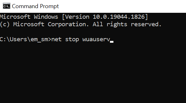 símbolo del sistema detener el servicio de actualización de Windows