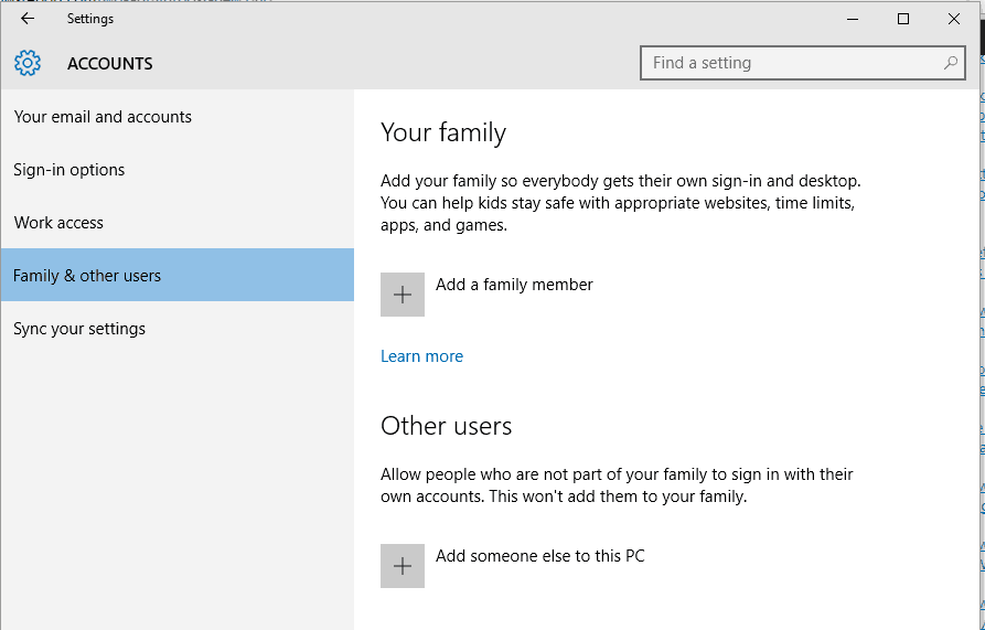 familia y otros ajustes windows 10