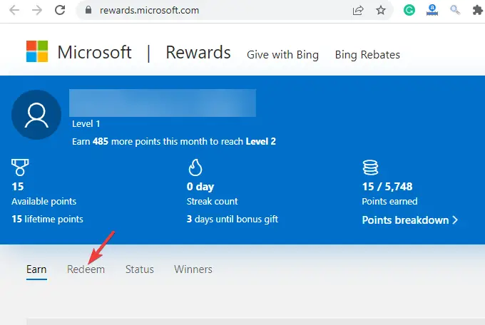 Haga clic en la pestaña Canjear en la página de Microsoft Rewards