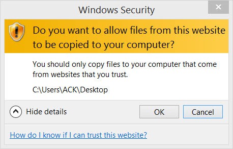 ¿Desea permitir que los archivos de este sitio web se copien en su computadora en Windows 8.1 o Windows 10?