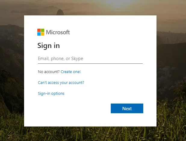 página de inicio de sesión de Microsoft