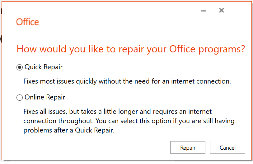 Reparación de Microsoft Office Windows 10