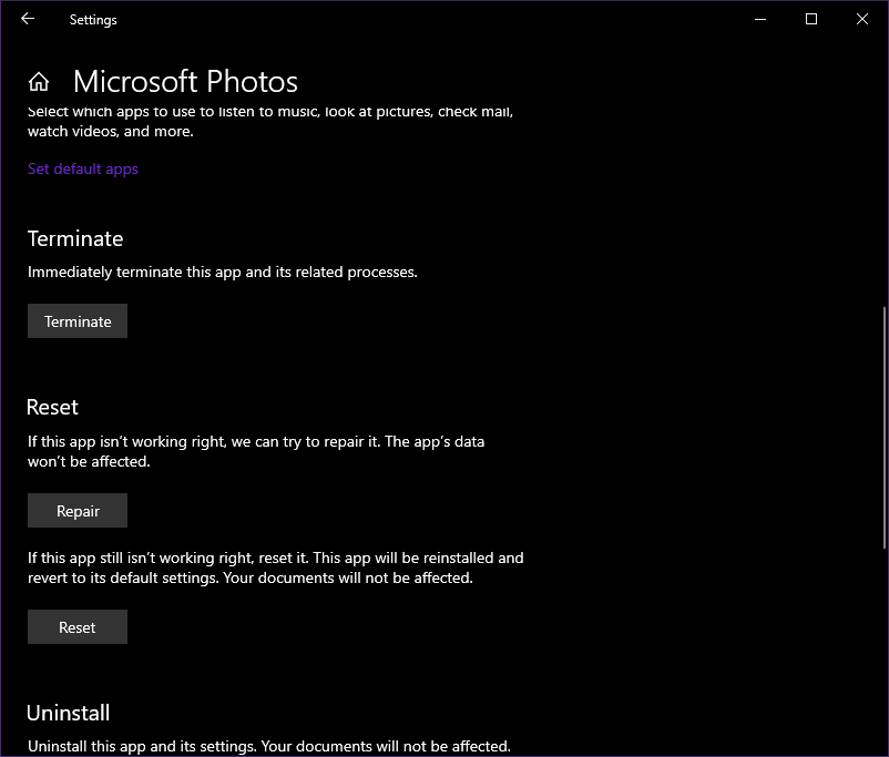 Reparar o restablecer fotos de Microsoft
