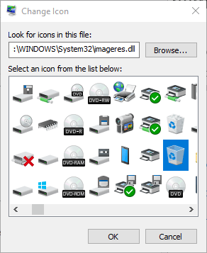 Cambiar ventana de icono icono de papelera de reciclaje personalizado de Windows 10 no se actualiza