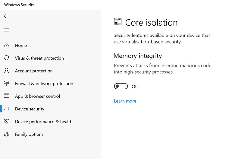 Desactive la integridad de la memoria en Core Isolation en Windows Security si VMware no funciona en Windows 10