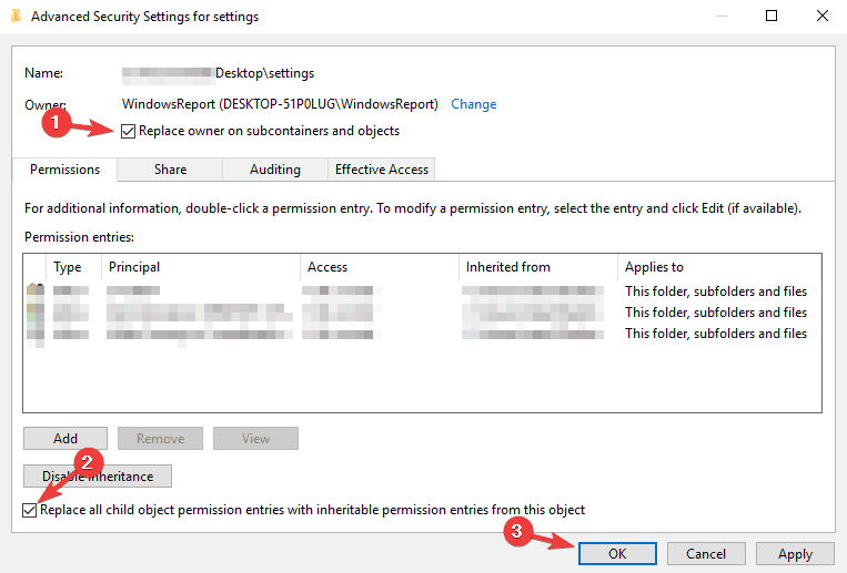 Carpeta de Windows Acceso denegado administrador reemplazar todas las entradas de permiso