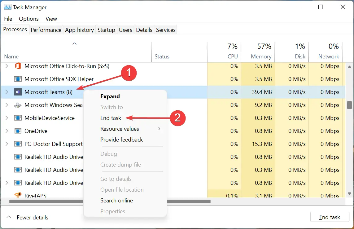 Terminar la tarea para arreglar msedgewebview2.exe alta CPU