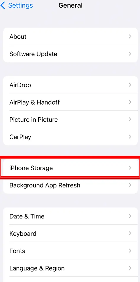 Configuración de almacenamiento de iPhone