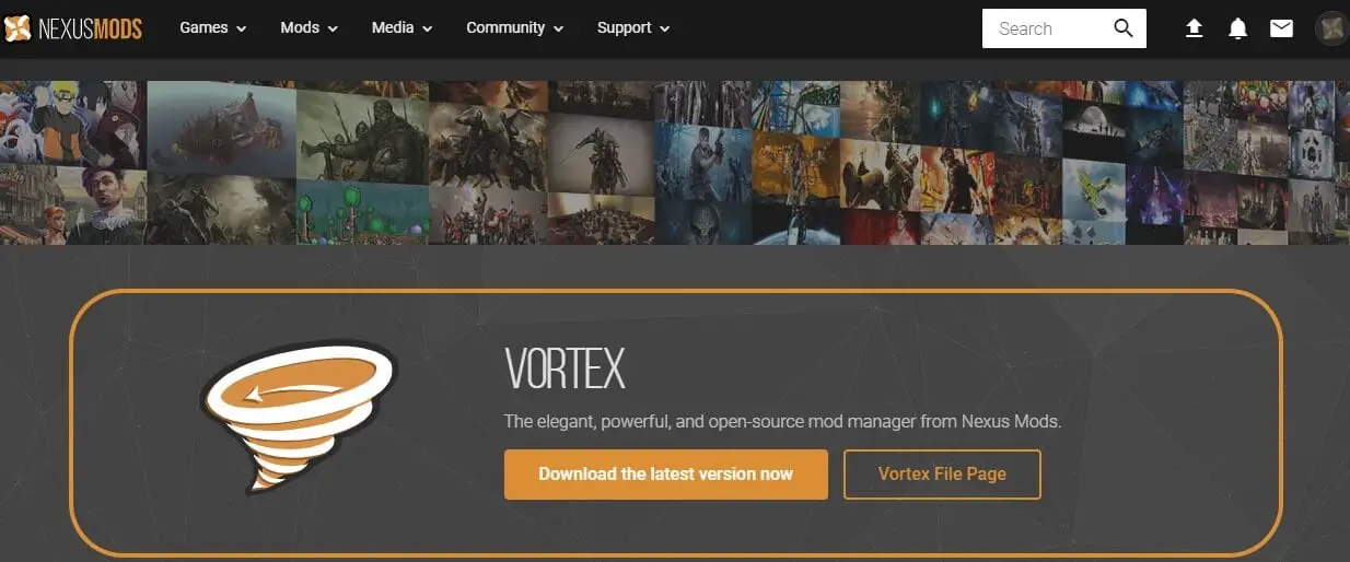 Página de descarga de Vortex: el administrador de mods de nexus no está configurado para funcionar con skyrim