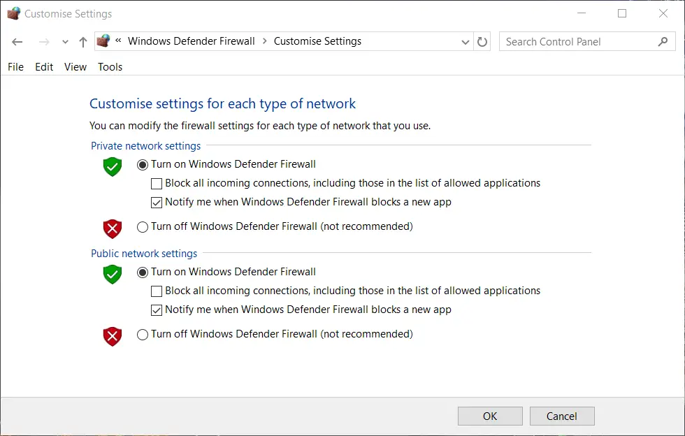 Desactive las opciones de Firewall de Windows Defender fortnite atascado, espere