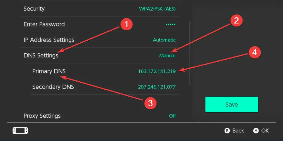 Nintendo Switch establece DNS en manual 