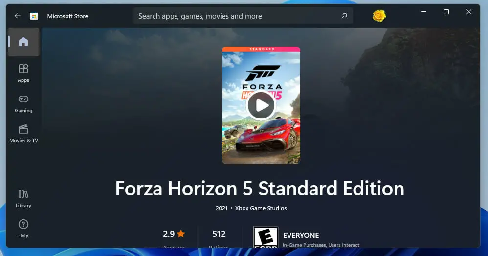 Forza Horizon 5 MS Store página forza horizon 5 windows 11 fallando
