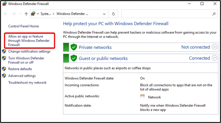 Permitir una aplicación o función a través del Firewal de Windows Defender