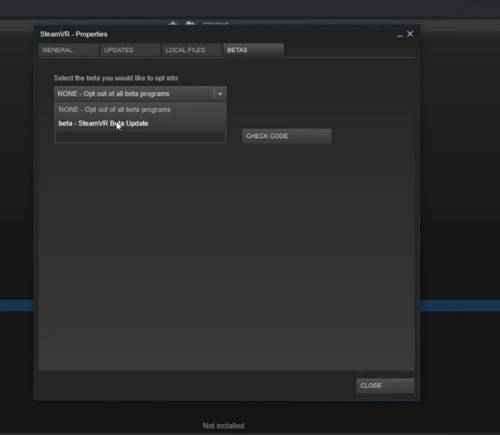SteamVR Beta Opción de actualización steamvr error 306