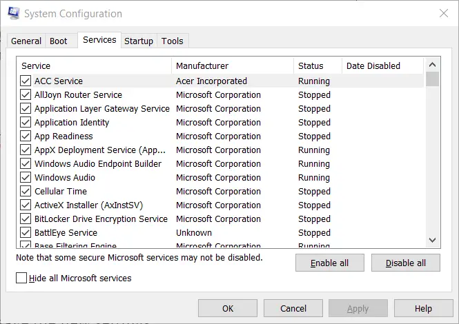 La opción Ocultar todos los servicios de Microsoft steamvr error 306