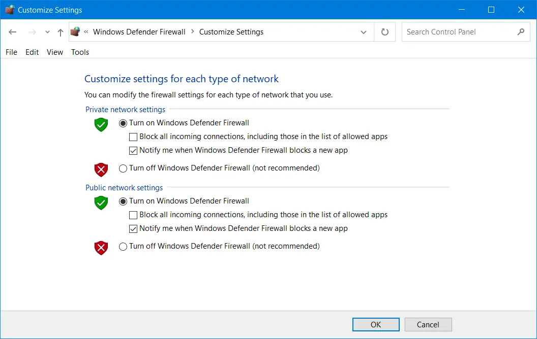 La configuración Desactivar Firewall de Windows Defender forza horizon 4 esta aplicación no puede abrir
