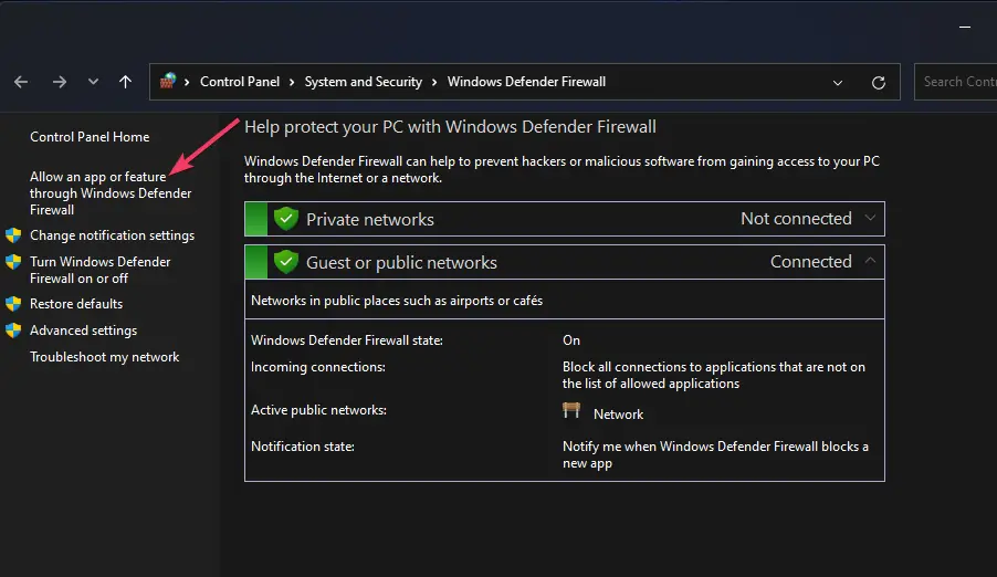 Permitir una aplicación o característica a través del código de error 8018 de la opción dbd del Firewall de Windows Defender