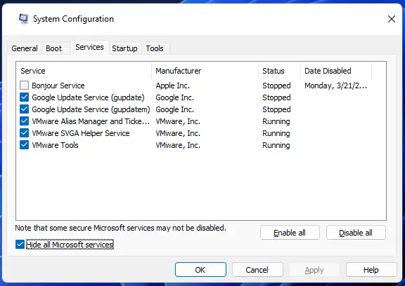 Ocultar todas las opciones de servicios de Microsoft error de conexión valorant van 152