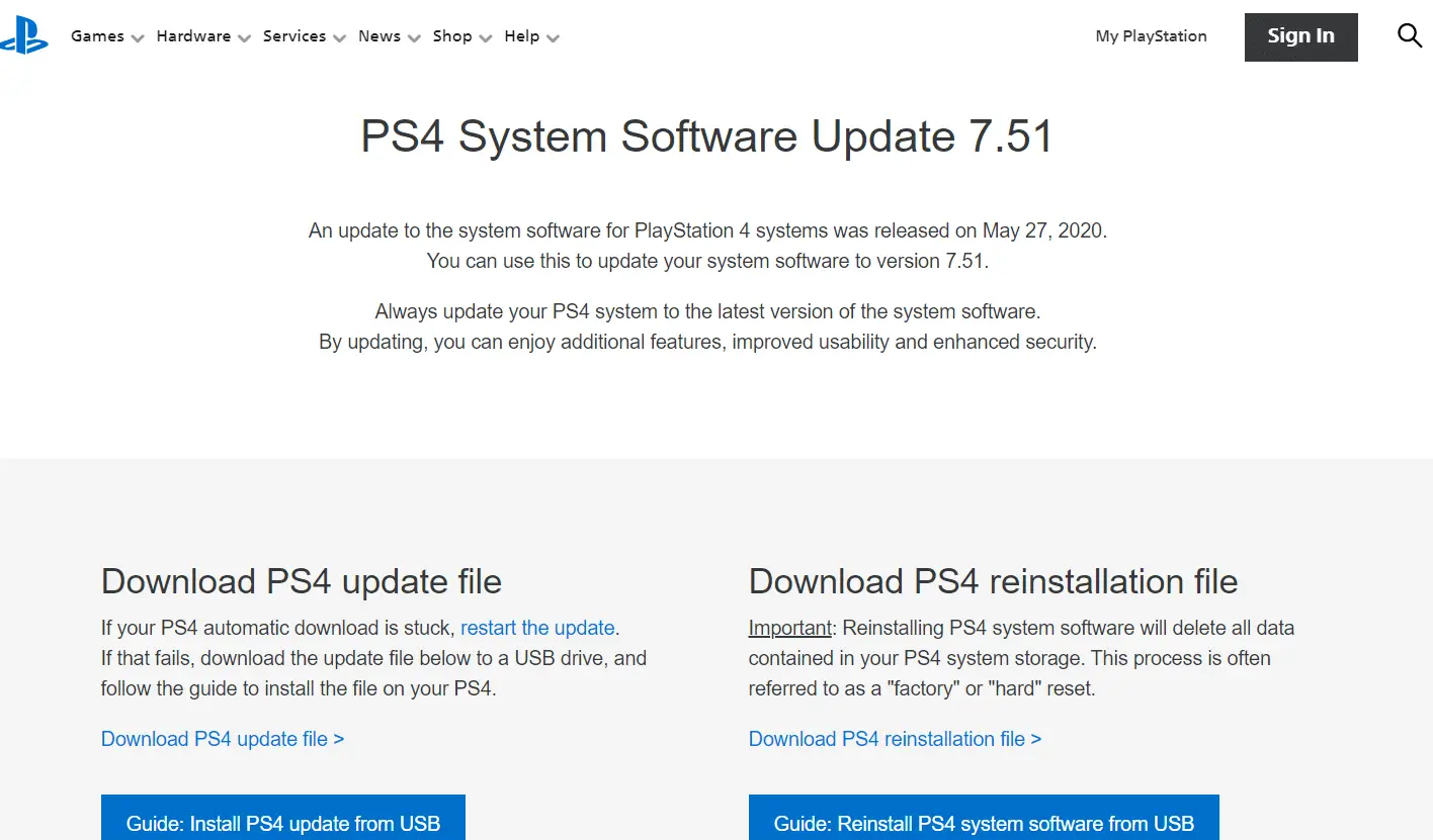 La página de actualización del software del sistema PS4 error de actualización de ps4 [system software]