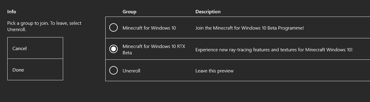 habilitar la versión beta de Minecraft RTX