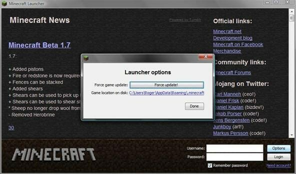 forzar la actualización de las opciones del lanzador de Minecraft