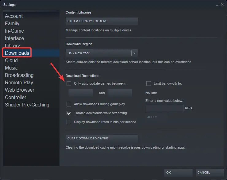 Limite la actualización automática si el límite de descarga de Steam no funciona.