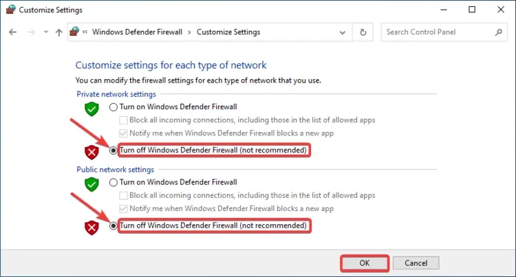 Personalizar la configuración muestra Desactivar el Firewall de Windows Defender (no recomendado)
