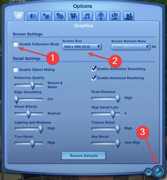 cambie la configuración de gráficos para corregir el código de error 12 de Sims 3