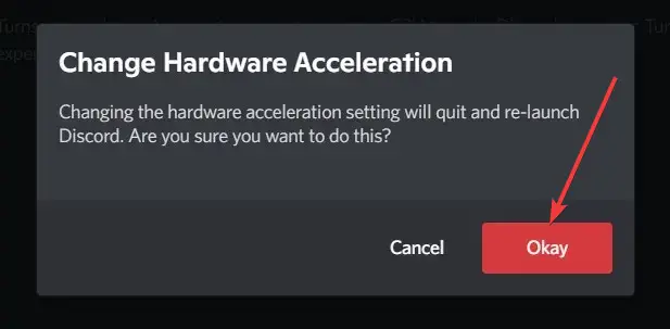 confirmando para deshabilitar la opción de aceleración de hardware