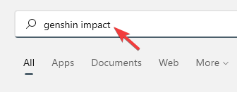 escriba genshin impact en la barra de búsqueda de Windows