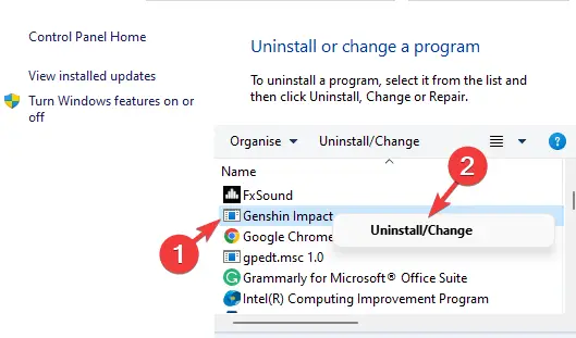 Haga clic derecho en Genshin Impact en Programas y características