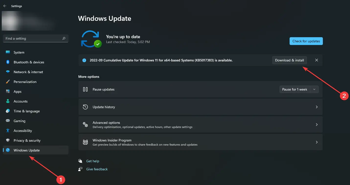 Sección de actualización de Windows y comprobación de si hay actualizaciones